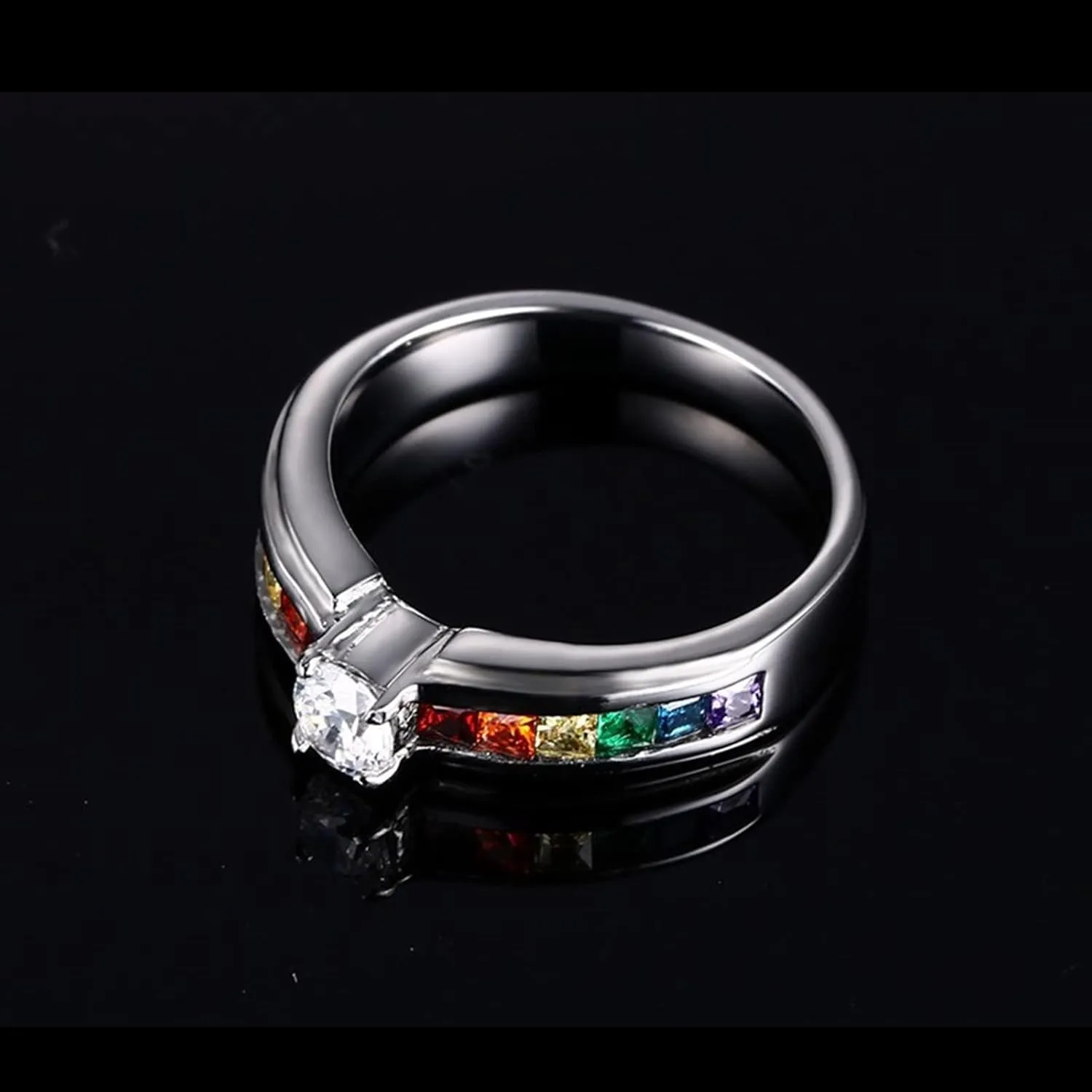 Silver Ring Women, Stainless Steel Rings for Men LGBT Ring with Rainbow Zirconia Men's and Women's Fashion Rings