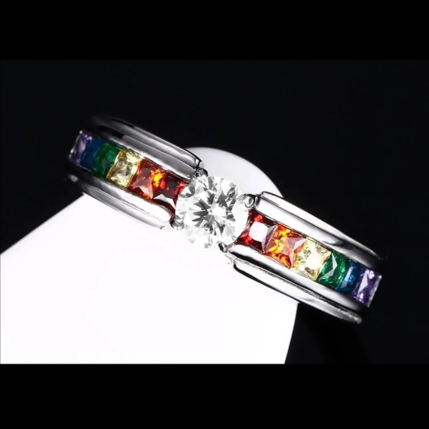 Silver Ring Women, Stainless Steel Rings for Men LGBT Ring with Rainbow Zirconia Men's and Women's Fashion Rings