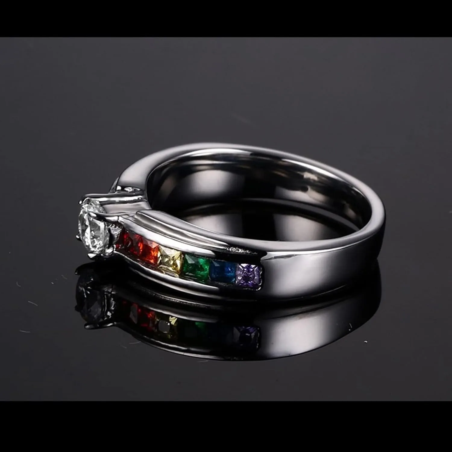 Silver Ring Women, Stainless Steel Rings for Men LGBT Ring with Rainbow Zirconia Men's and Women's Fashion Rings