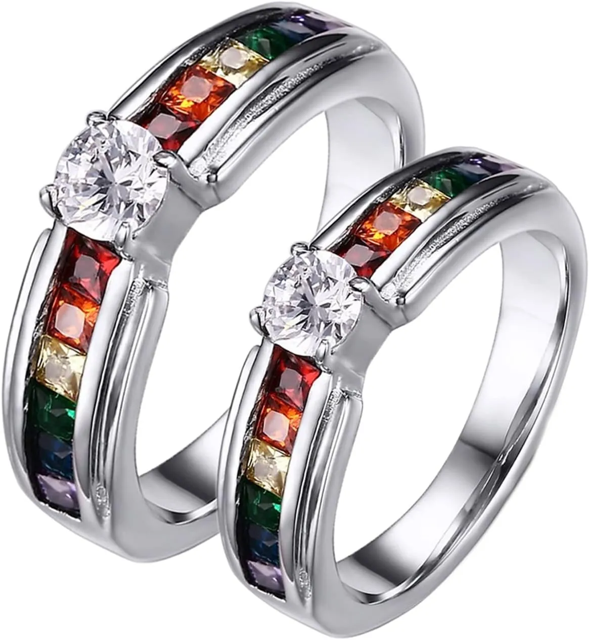 Silver Ring Women, Stainless Steel Rings for Men LGBT Ring with Rainbow Zirconia Men's and Women's Fashion Rings
