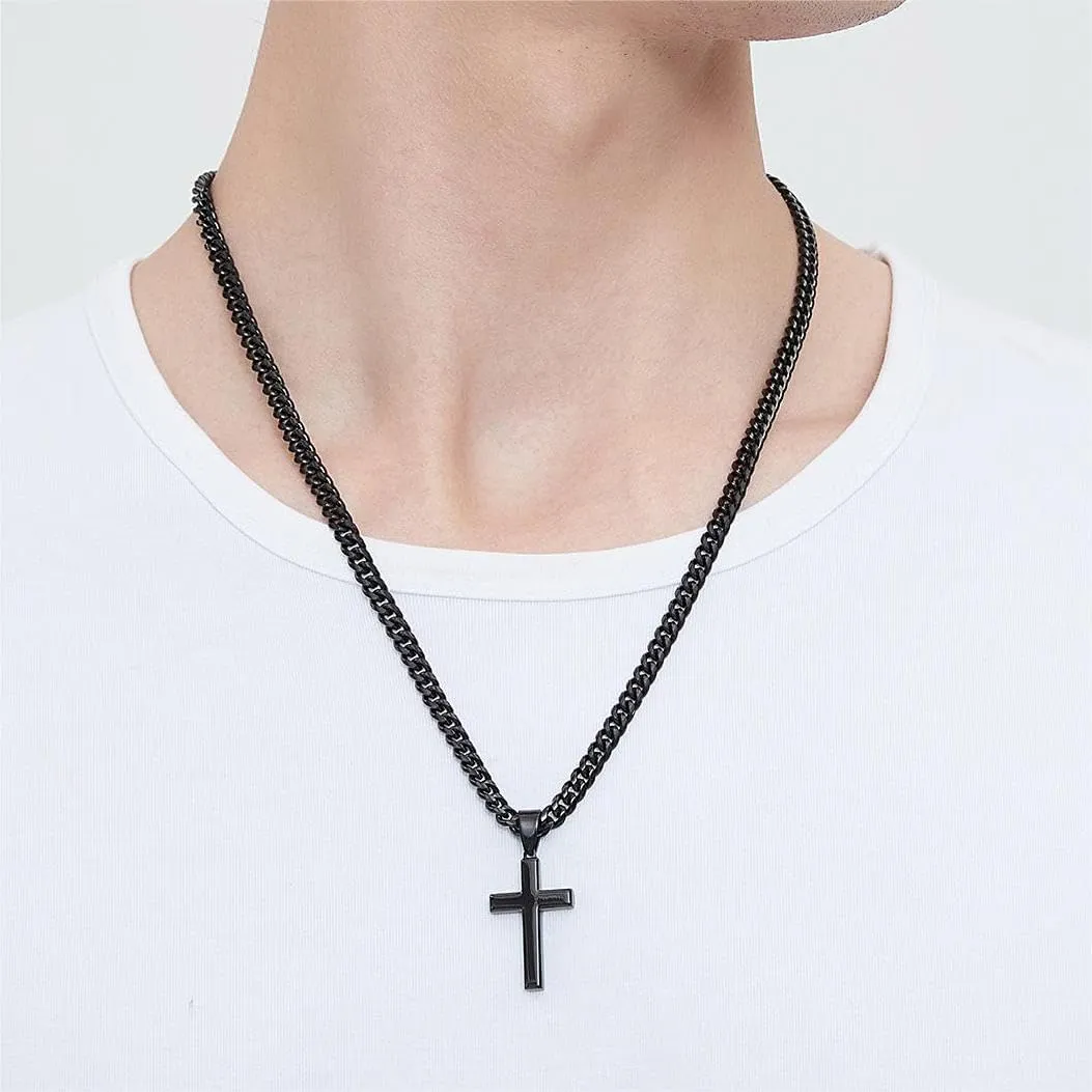 Simple Cross Necklace for Men Women with 18-26 Inch Chunky Cuban Chain, Durable Stainless Steel Black Gold Silver Cross Pendant Necklace for Men Teen Boys Girls with Jewelry Gifts Box