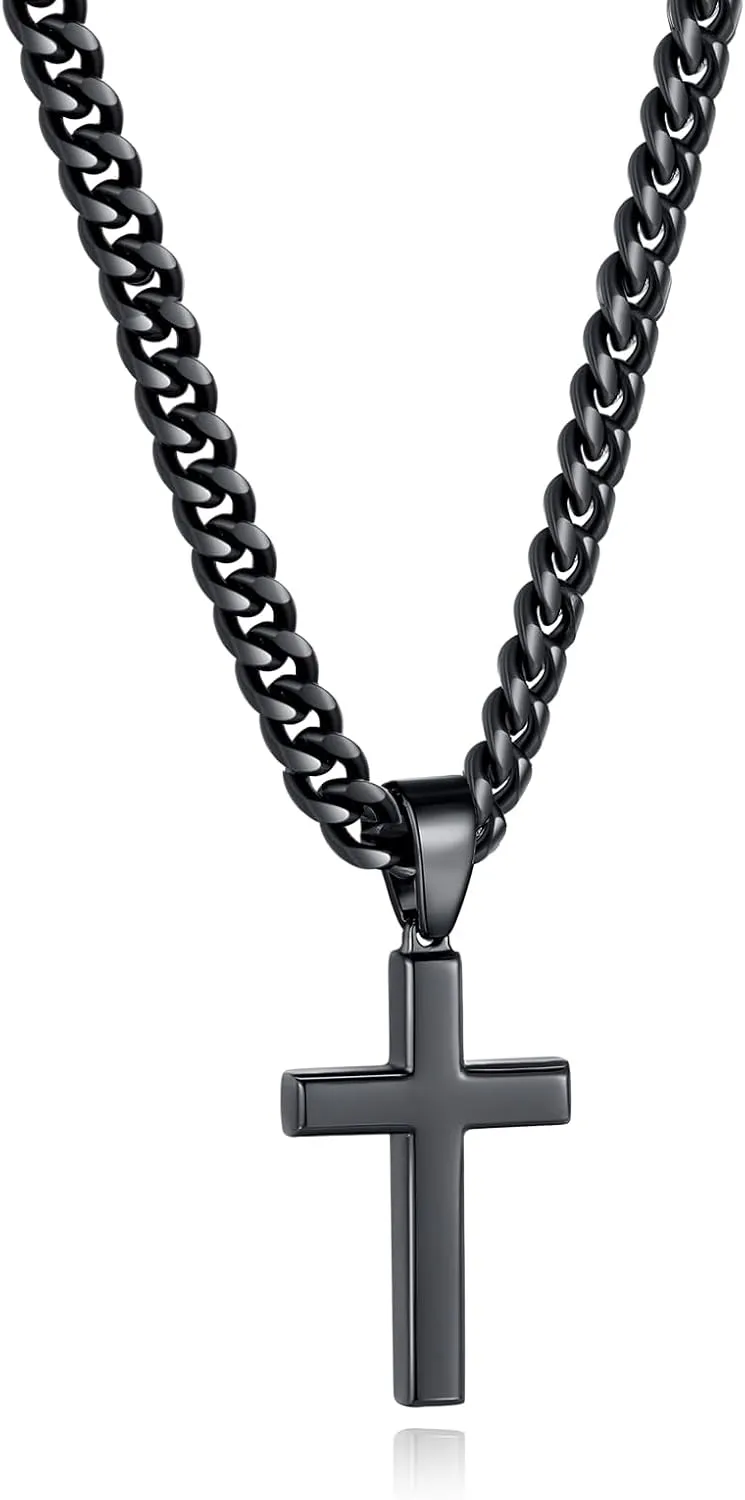 Simple Cross Necklace for Men Women with 18-26 Inch Chunky Cuban Chain, Durable Stainless Steel Black Gold Silver Cross Pendant Necklace for Men Teen Boys Girls with Jewelry Gifts Box
