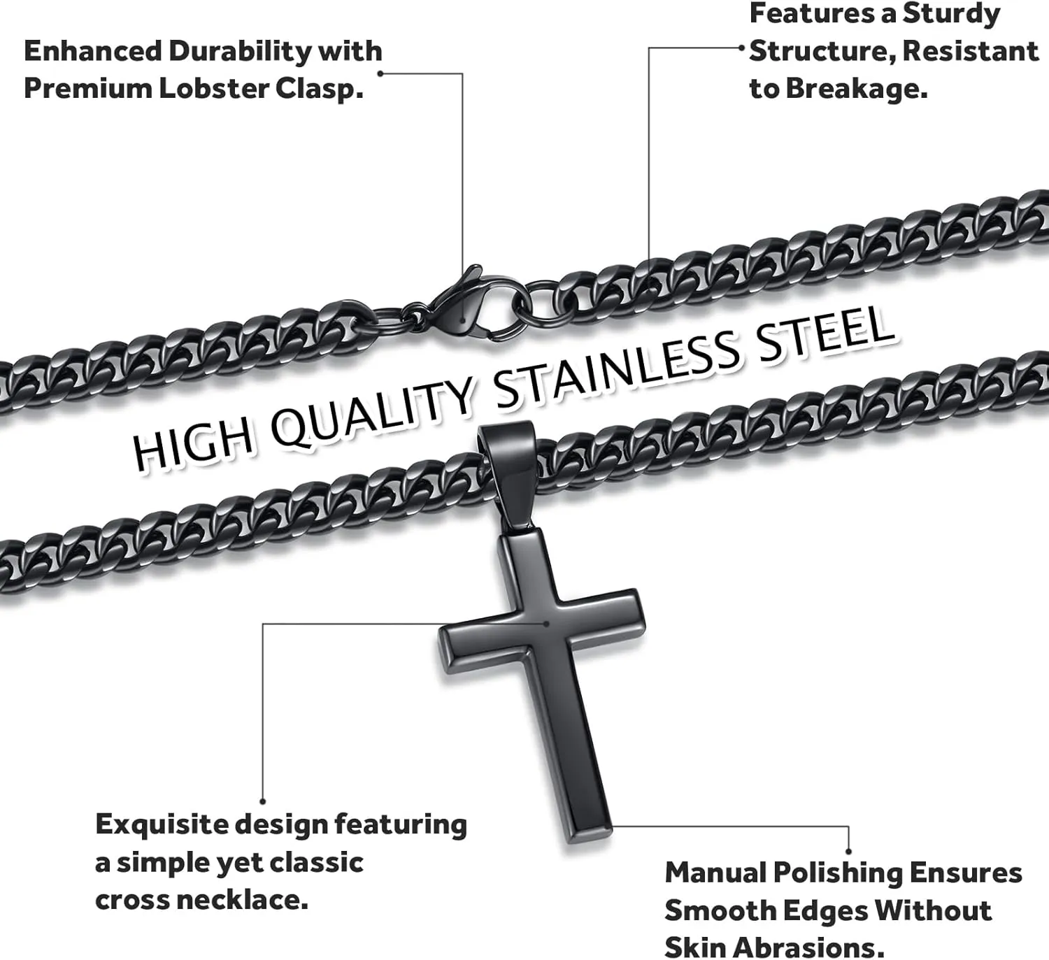 Simple Cross Necklace for Men Women with 18-26 Inch Chunky Cuban Chain, Durable Stainless Steel Black Gold Silver Cross Pendant Necklace for Men Teen Boys Girls with Jewelry Gifts Box