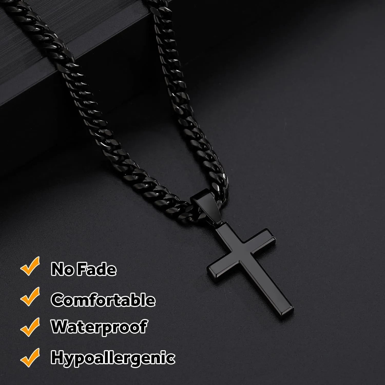 Simple Cross Necklace for Men Women with 18-26 Inch Chunky Cuban Chain, Durable Stainless Steel Black Gold Silver Cross Pendant Necklace for Men Teen Boys Girls with Jewelry Gifts Box