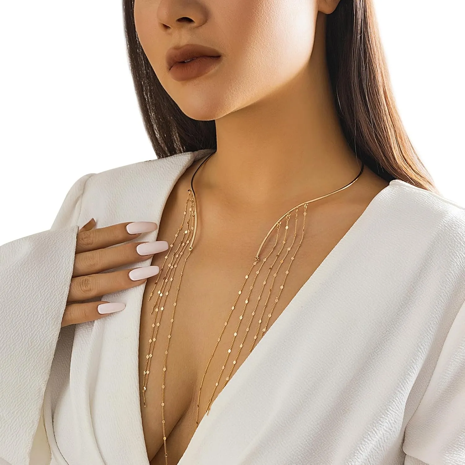 Simple Open Choker Necklaces Metal Sequin Star Tassel Clavicle Chain Necklace Summer Beach Neck Body Jewelry Statement Collar Body Chain Necklace for Women