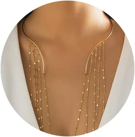 Simple Open Choker Necklaces Metal Sequin Star Tassel Clavicle Chain Necklace Summer Beach Neck Body Jewelry Statement Collar Body Chain Necklace for Women