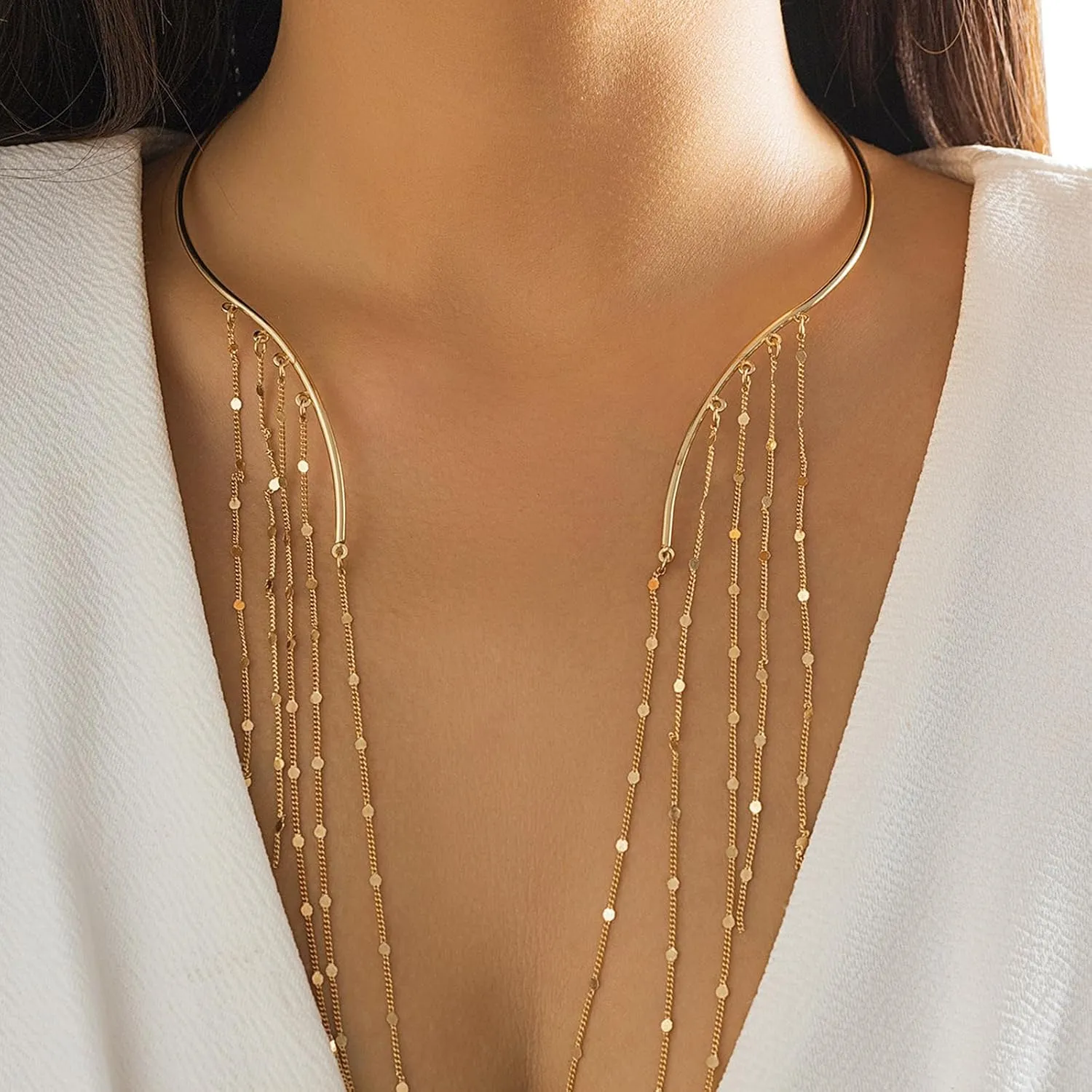 Simple Open Choker Necklaces Metal Sequin Star Tassel Clavicle Chain Necklace Summer Beach Neck Body Jewelry Statement Collar Body Chain Necklace for Women