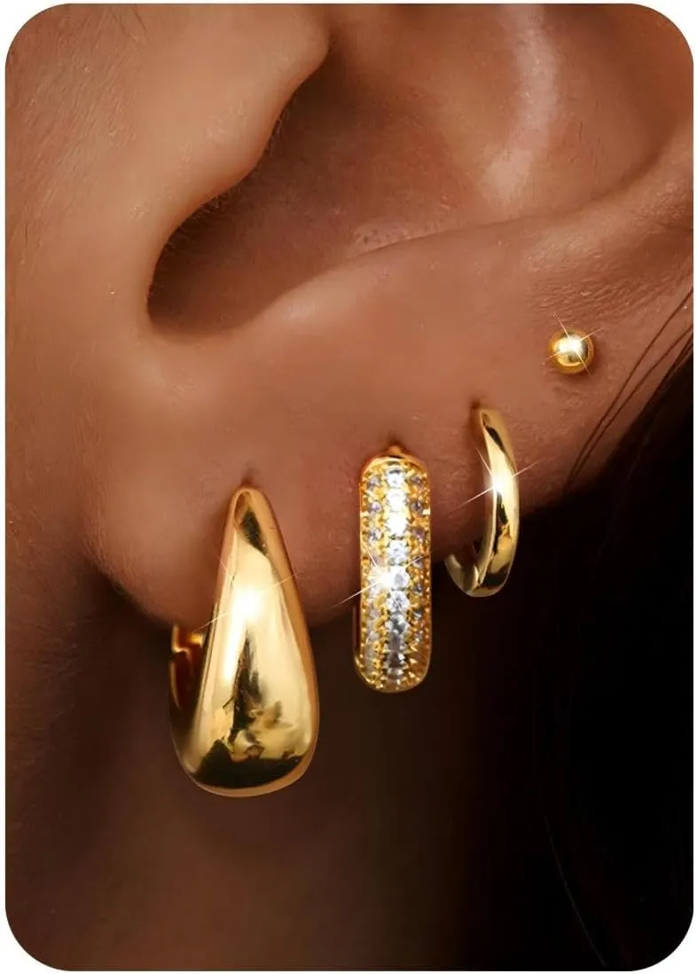 Small Chunky Gold Hoop Earrings for Women Hypoallergenic - Gold Silver Hoop Earring Stacks Non Tarnish 14K Gold Plated Flat Back Huggie Hoop Earring Sets for Multiple Piercing Lightweight 4Pairs