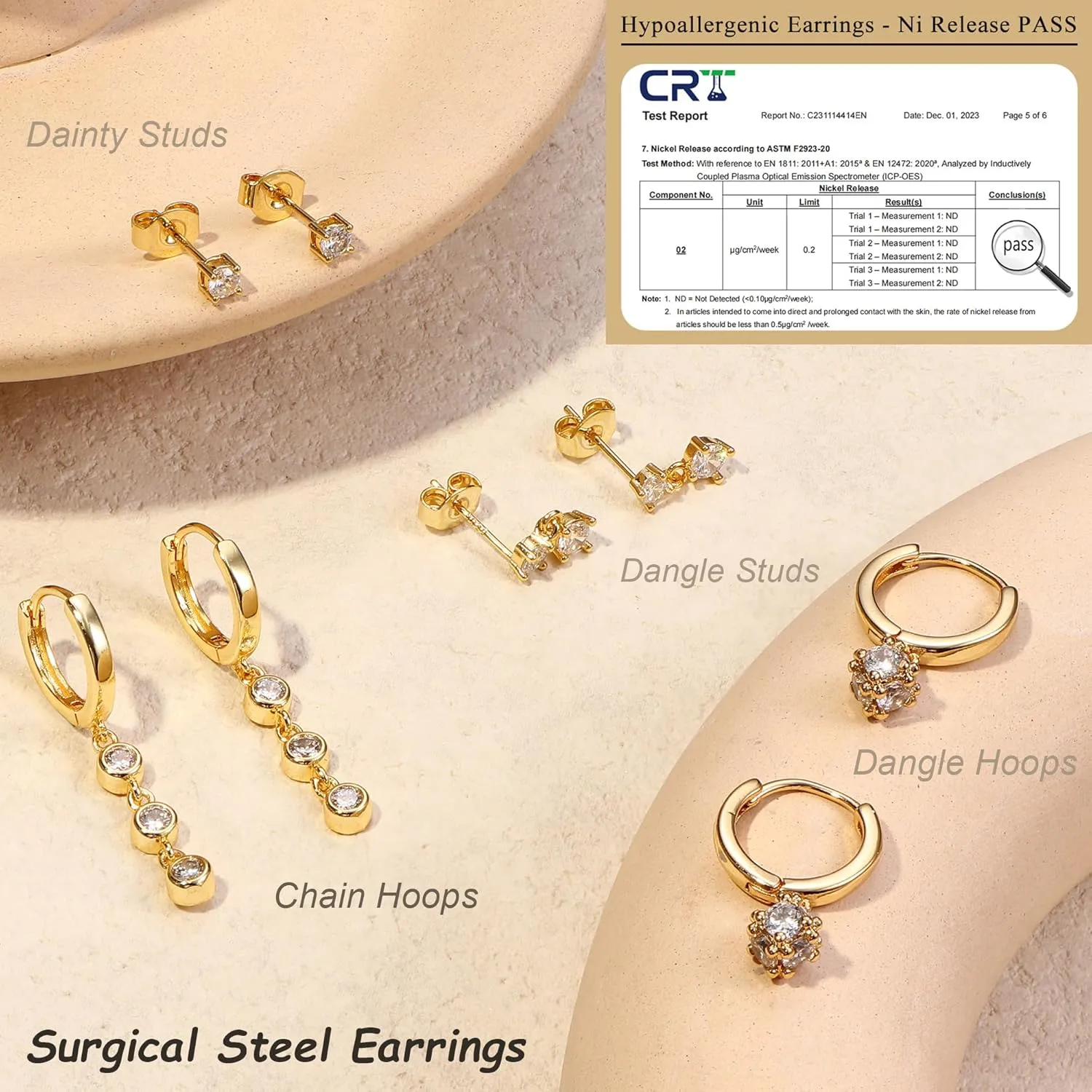 Small Gold Dangle Earrings for Women - Hypoallergenic 14K Gold Plated Huggie Hoop Earring Studs Stack Set Dainty Drop CZ Pearl Surgical Stainless Steel Jewelry with Charm