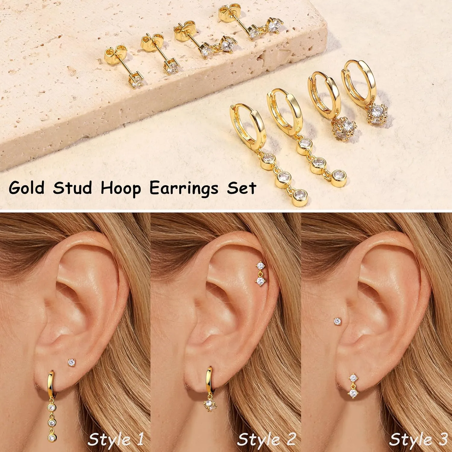 Small Gold Dangle Earrings for Women - Hypoallergenic 14K Gold Plated Huggie Hoop Earring Studs Stack Set Dainty Drop CZ Pearl Surgical Stainless Steel Jewelry with Charm