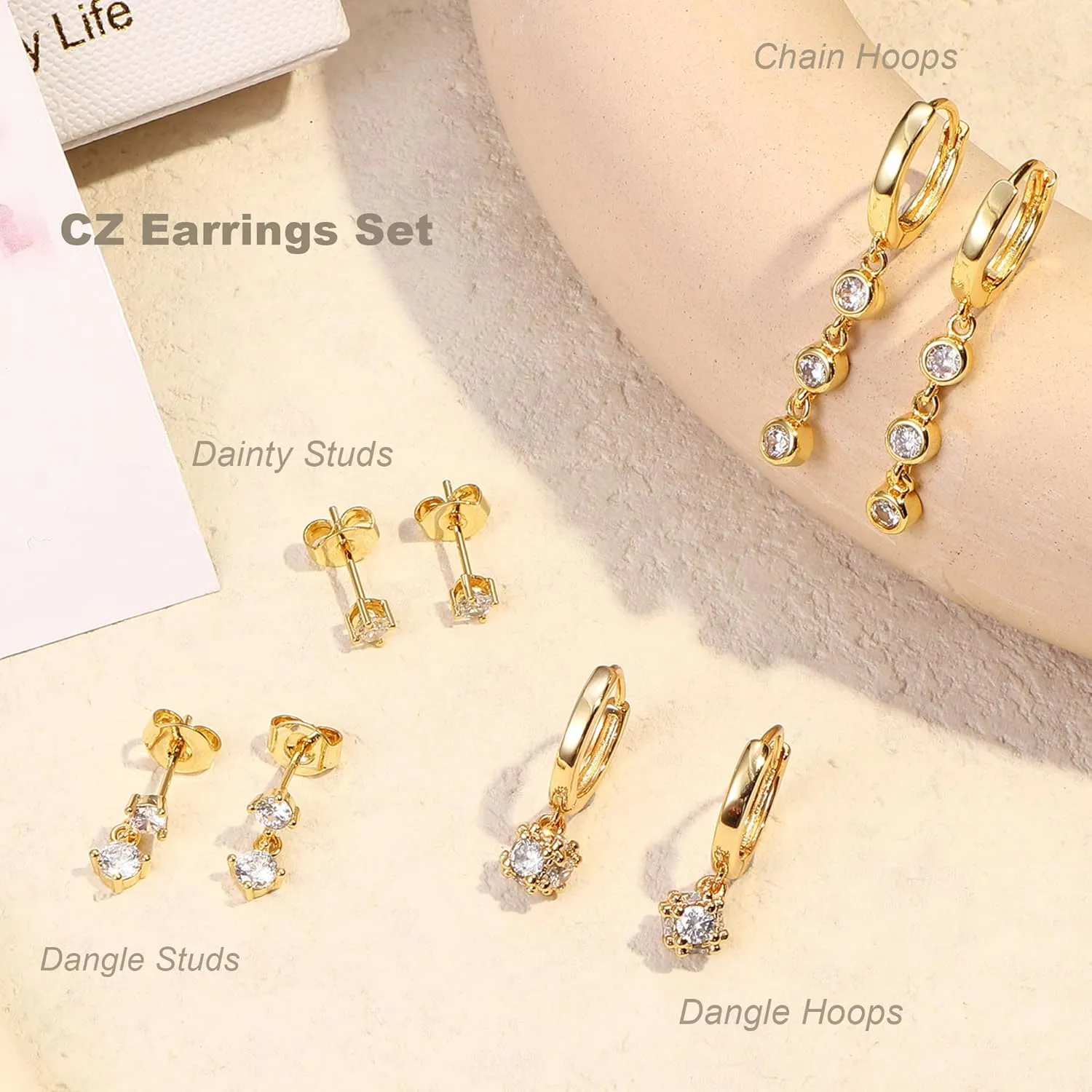 Small Gold Dangle Earrings for Women - Hypoallergenic 14K Gold Plated Huggie Hoop Earring Studs Stack Set Dainty Drop CZ Pearl Surgical Stainless Steel Jewelry with Charm