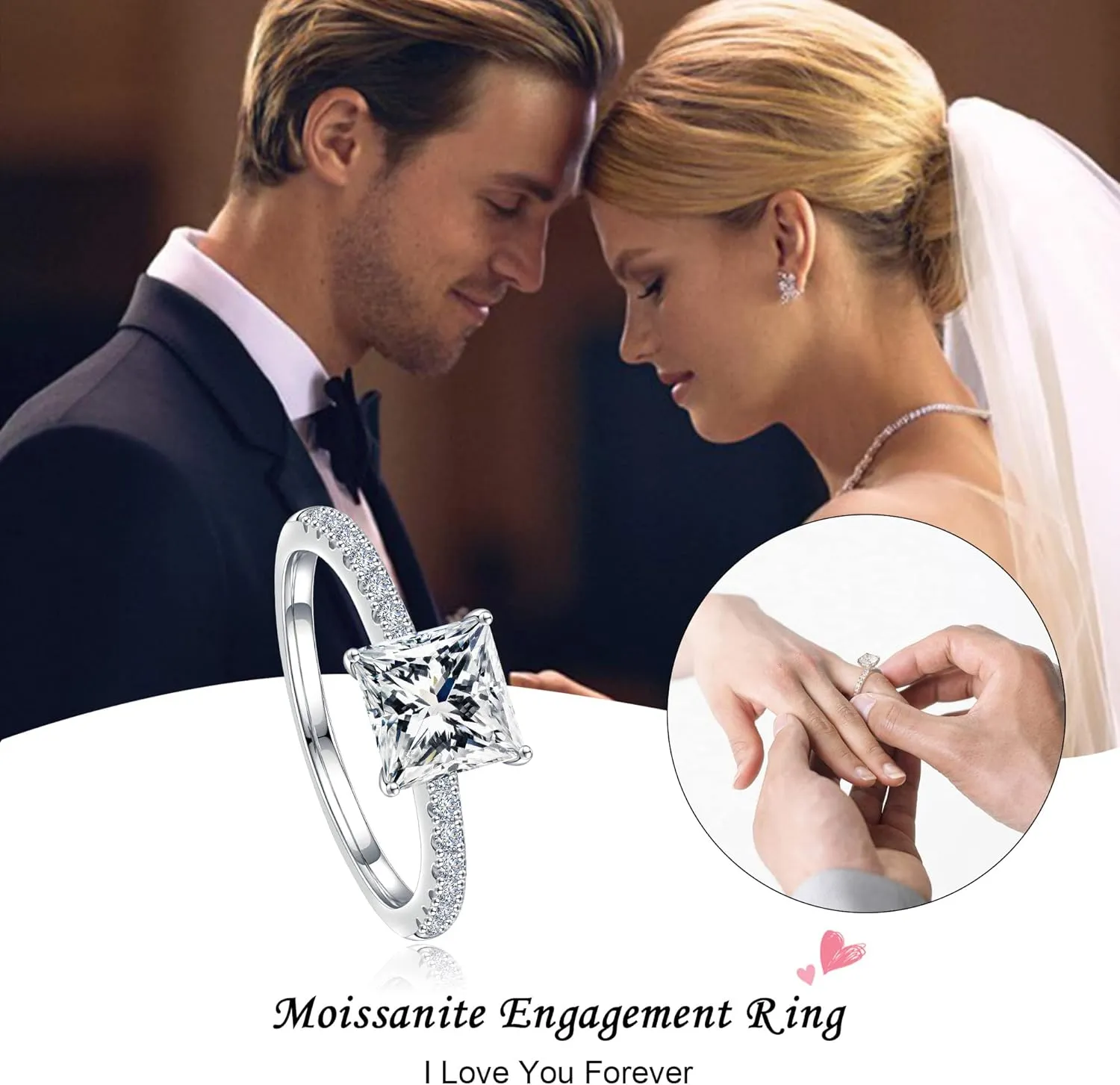 SMILEST 1.5ct Princess Moissanite Rings for Women, D Color VVS1 Clarity Lab Created Moissanite Wedding Rings 18K White Gold Plated 925 Sterling Silver 4 Prong Moissanite Side Stone Engagement Rings
