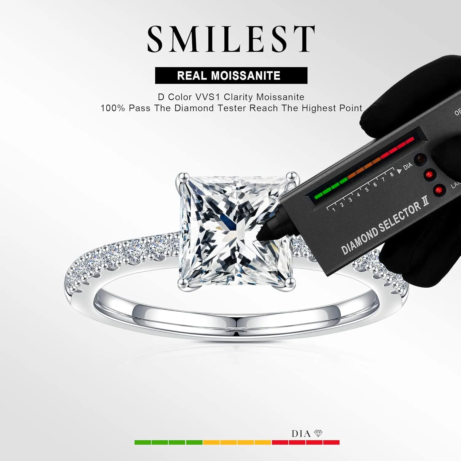 SMILEST 1.5ct Princess Moissanite Rings for Women, D Color VVS1 Clarity Lab Created Moissanite Wedding Rings 18K White Gold Plated 925 Sterling Silver 4 Prong Moissanite Side Stone Engagement Rings