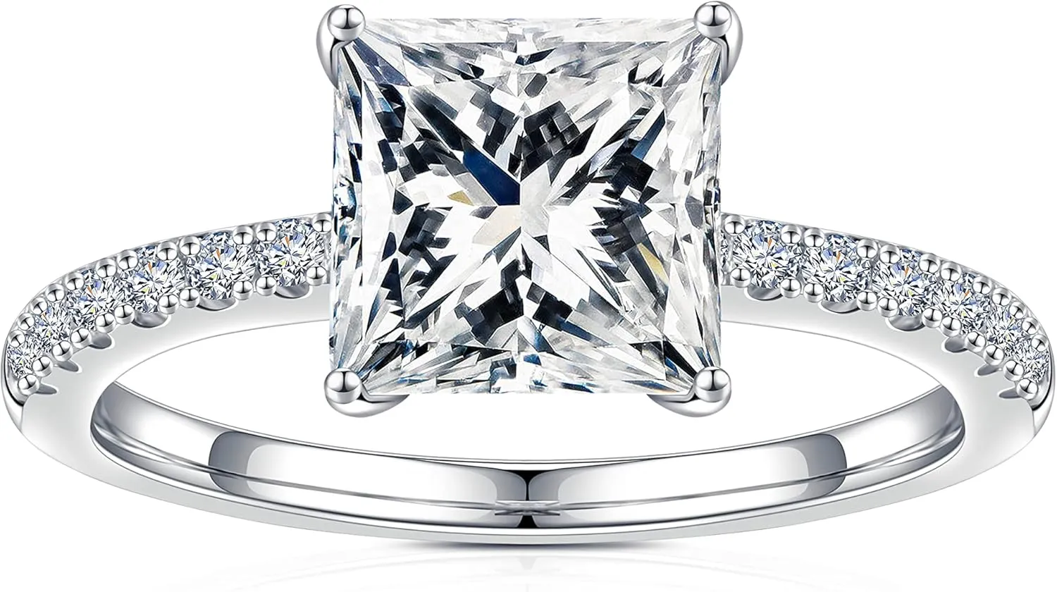 SMILEST 1.5ct Princess Moissanite Rings for Women, D Color VVS1 Clarity Lab Created Moissanite Wedding Rings 18K White Gold Plated 925 Sterling Silver 4 Prong Moissanite Side Stone Engagement Rings
