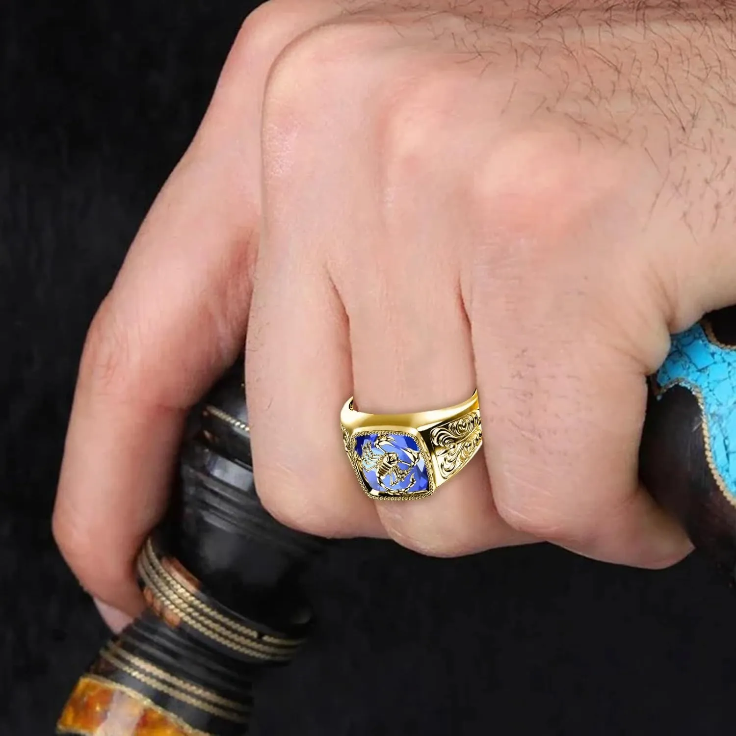 Solid 10K 14K 18K Gold Gemstone Men Rings,Thumb Men Gold Rings,1.0-5.0 Ct Square-Shape Ruby,Onyx,Emerald,Sapphire,AmethystPunk Scorpion Gemstone Rings,Size 4-16