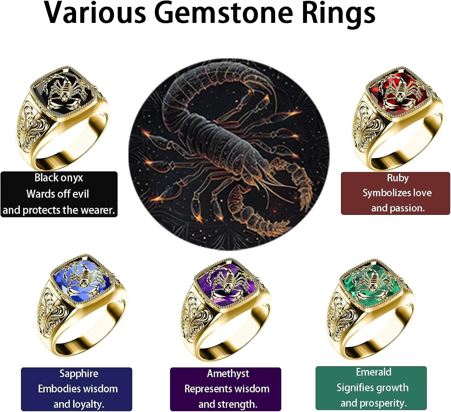Solid 10K 14K 18K Gold Gemstone Men Rings,Thumb Men Gold Rings,1.0-5.0 Ct Square-Shape Ruby,Onyx,Emerald,Sapphire,AmethystPunk Scorpion Gemstone Rings,Size 4-16