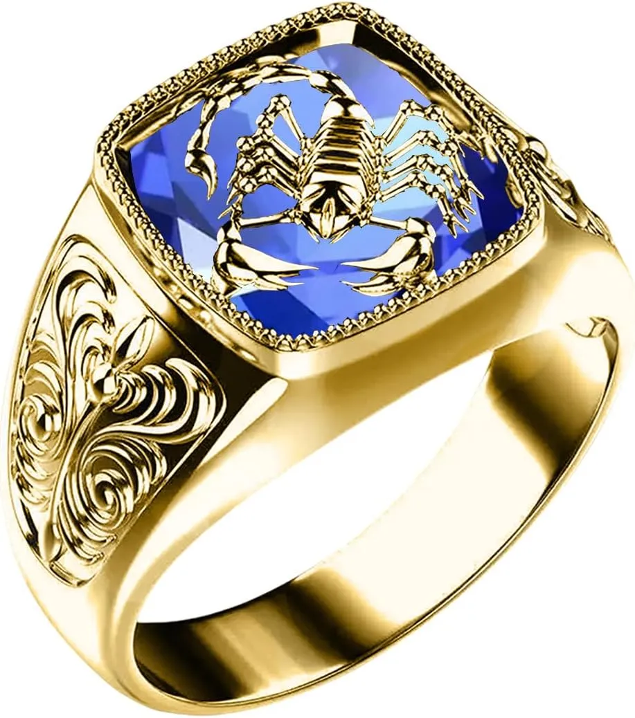 Solid 10K 14K 18K Gold Gemstone Men Rings,Thumb Men Gold Rings,1.0-5.0 Ct Square-Shape Ruby,Onyx,Emerald,Sapphire,AmethystPunk Scorpion Gemstone Rings,Size 4-16