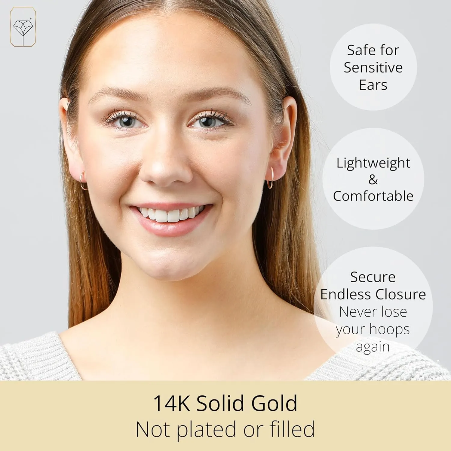 Solid 14k Gold Hoop Earrings for Women | 1mm Tube Yellow Gold Hoop Earrings 14k Real Gold | Flex Continuous Hoop Gold Earrings