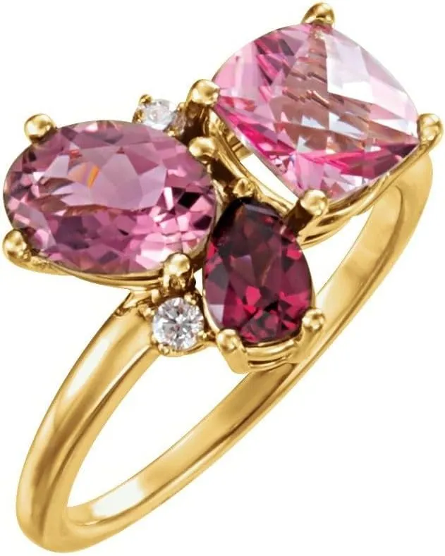 Solid 14k Yellow Gold Multi-Gemstone and .05 Cttw Diamond Cluster Ring Band (Width = 12.2mm) - Size 8