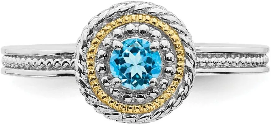 Solid 925 Sterling Silver and 14k Yellow Gold Stackable 925 Sterling Silver Blue Topaz Ring Eternity Band