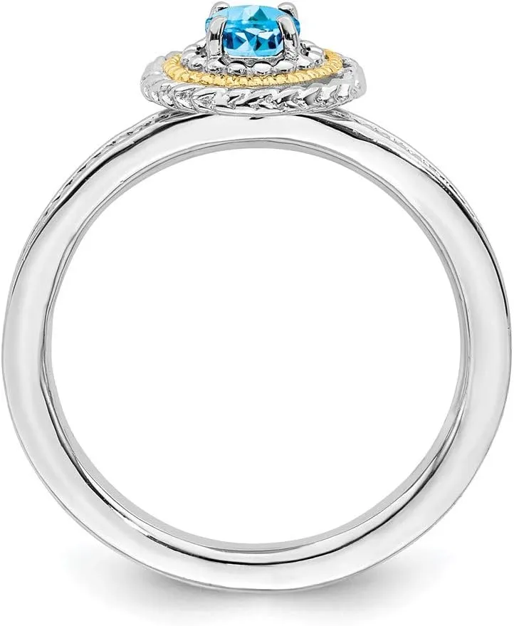 Solid 925 Sterling Silver and 14k Yellow Gold Stackable 925 Sterling Silver Blue Topaz Ring Eternity Band