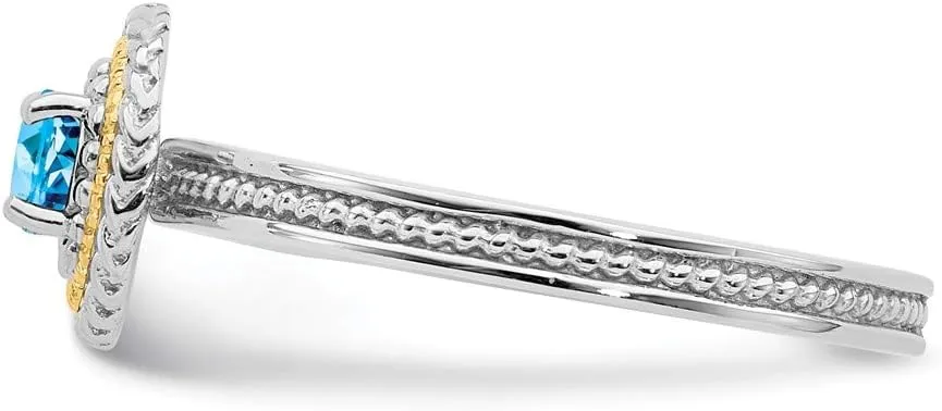 Solid 925 Sterling Silver and 14k Yellow Gold Stackable 925 Sterling Silver Blue Topaz Ring Eternity Band