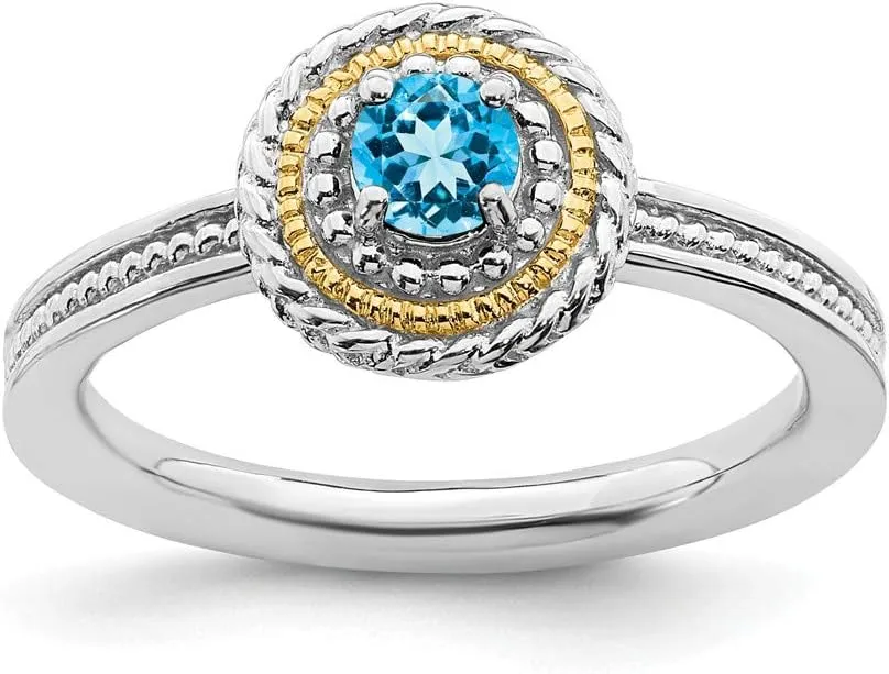 Solid 925 Sterling Silver and 14k Yellow Gold Stackable 925 Sterling Silver Blue Topaz Ring Eternity Band