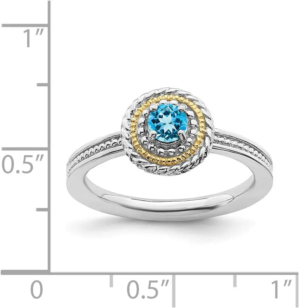 Solid 925 Sterling Silver and 14k Yellow Gold Stackable 925 Sterling Silver Blue Topaz Ring Eternity Band