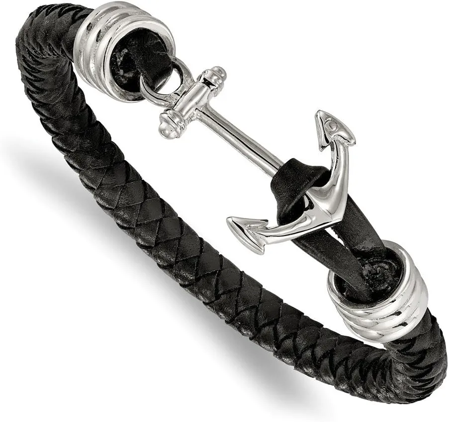 Solid Stainless Steel Men's Black Braided Leather Anchor Mariner 8.5in Bracelet 8.5"