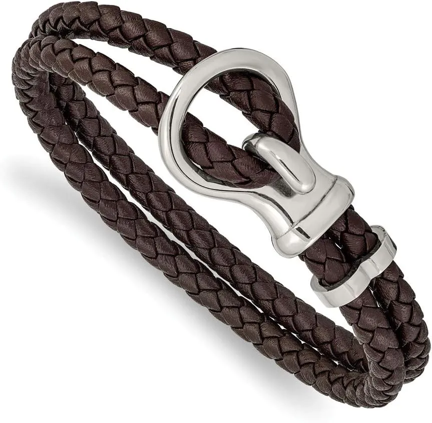 Solid Stainless Steel Men's Braided Brown Leather 8in Bracelet 8" (Width = 9mm)
