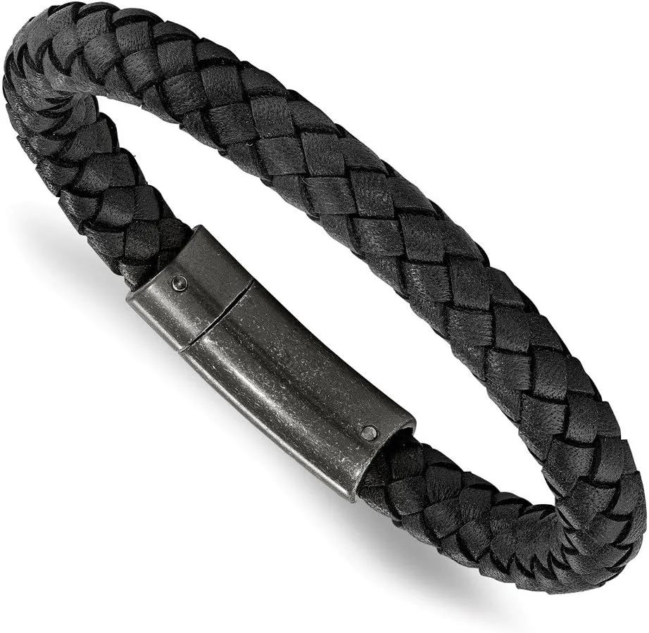 Solid Stainless Steel Men's Brushed Black Braided Genuine Leather 8.25in Bracelet 8.25"