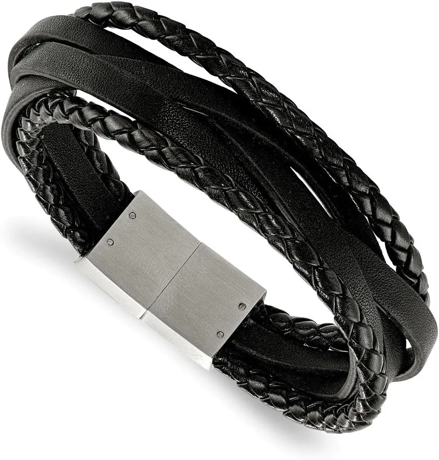 Solid Stainless Steel Men's Brushed Black Genuine Leather Braided Multi 8.25in Bracelet 8.25"