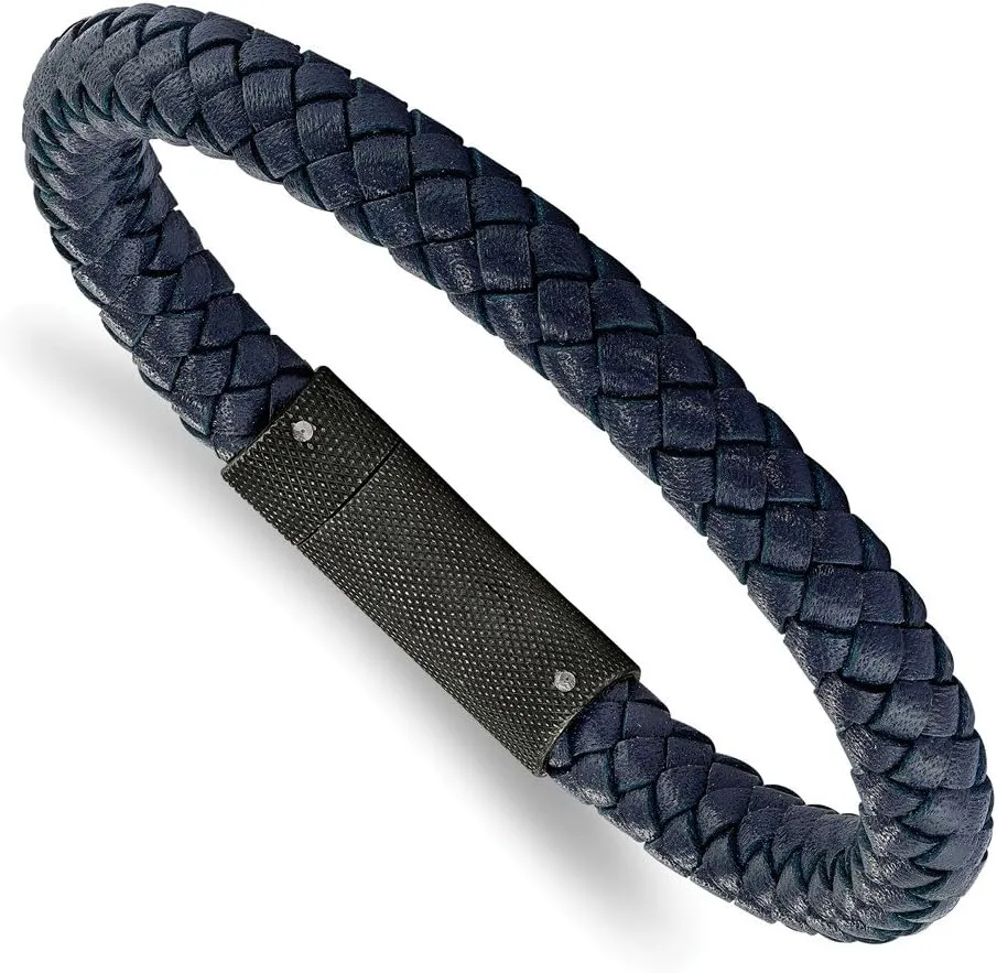 Solid Stainless Steel Men's Brushed Blue Leather Braided 8.5in Bracelet 8.5"