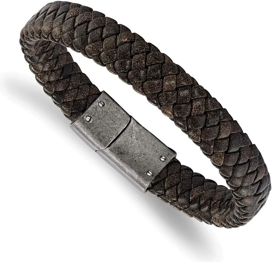 Solid Stainless Steel Men's Brushed Brown Braided Genuine Leather 8.25in Bracelet 8.25"