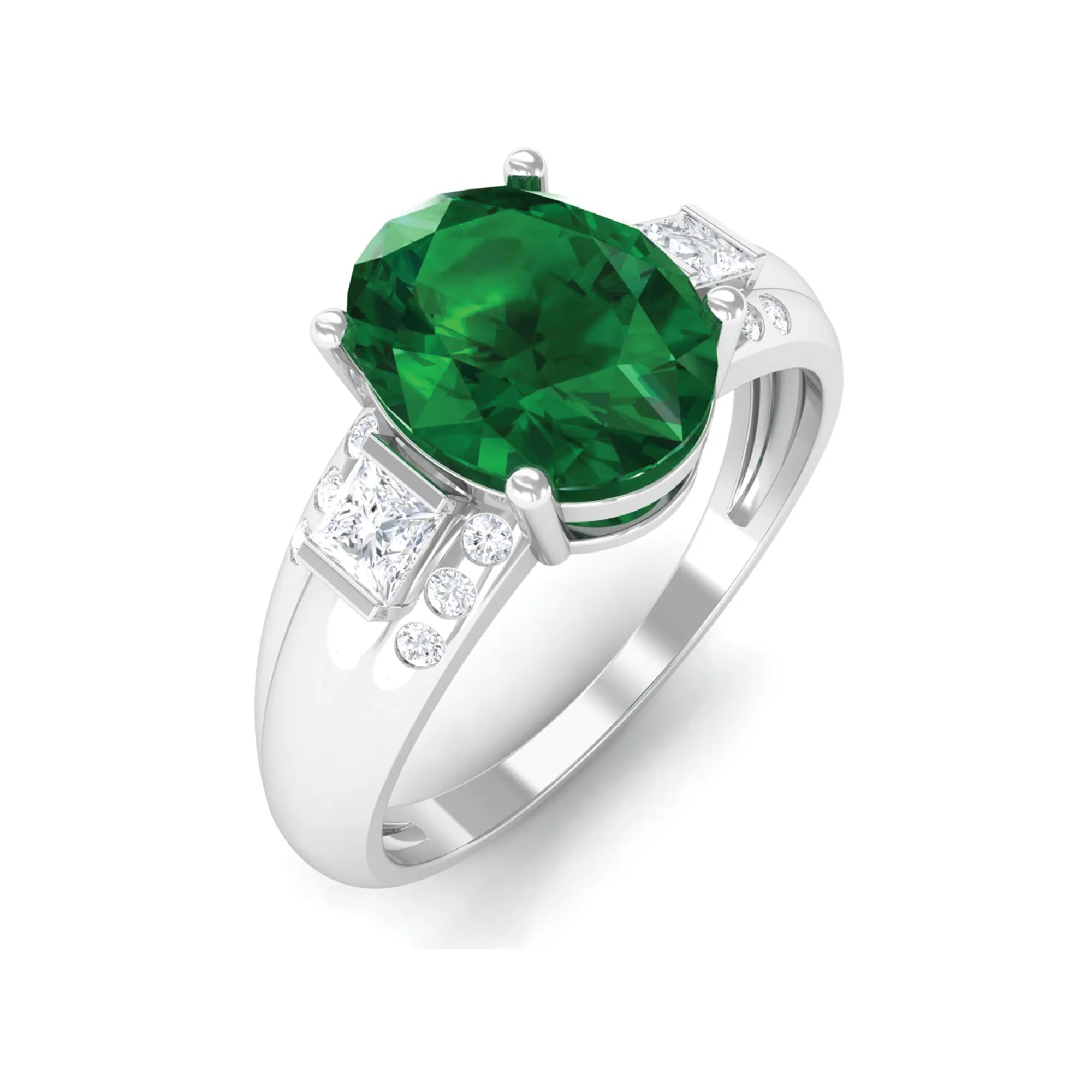 Solitaire Lab Grown Emerald Oval Engagement Ring with Diamond