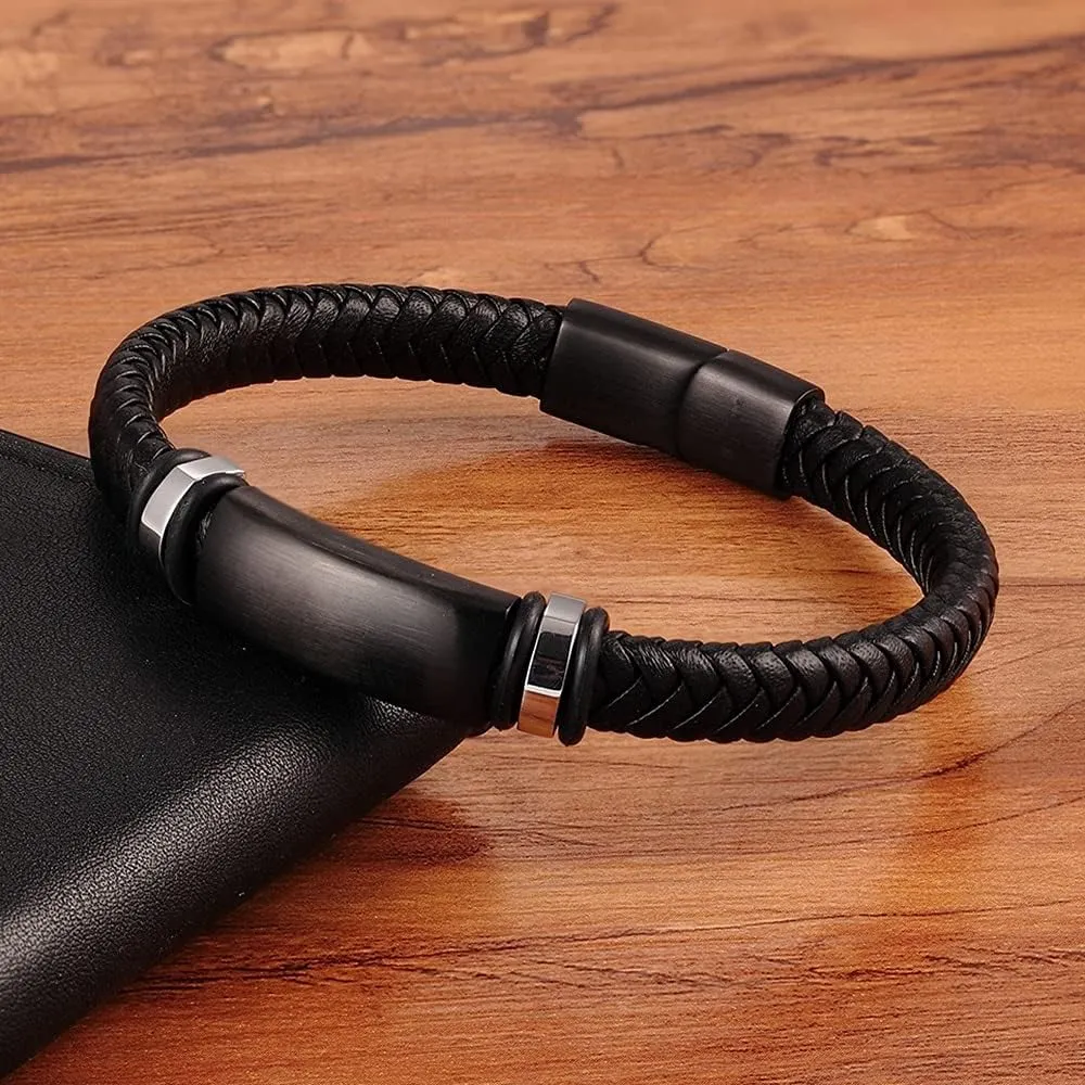Stainless Steel Black Matte Metal Charm Men's Handmade Braided Real Leather Boyfriend Bracelet with Clasp (Black-19cm)