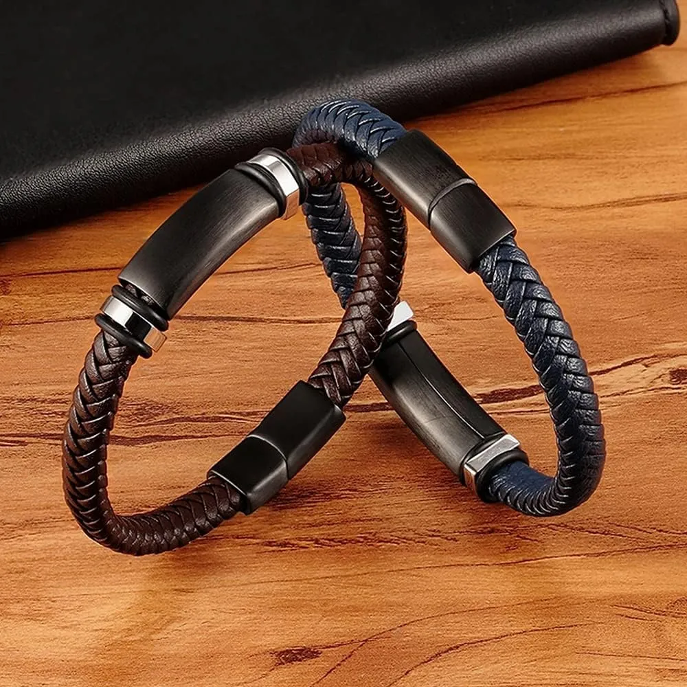 Stainless Steel Black Matte Metal Charm Men's Handmade Braided Real Leather Boyfriend Bracelet with Clasp (Black-19cm)