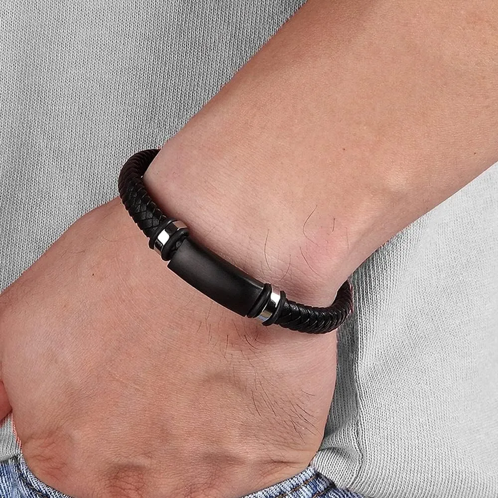 Stainless Steel Black Matte Metal Charm Men's Handmade Braided Real Leather Boyfriend Bracelet with Clasp (Black-19cm)