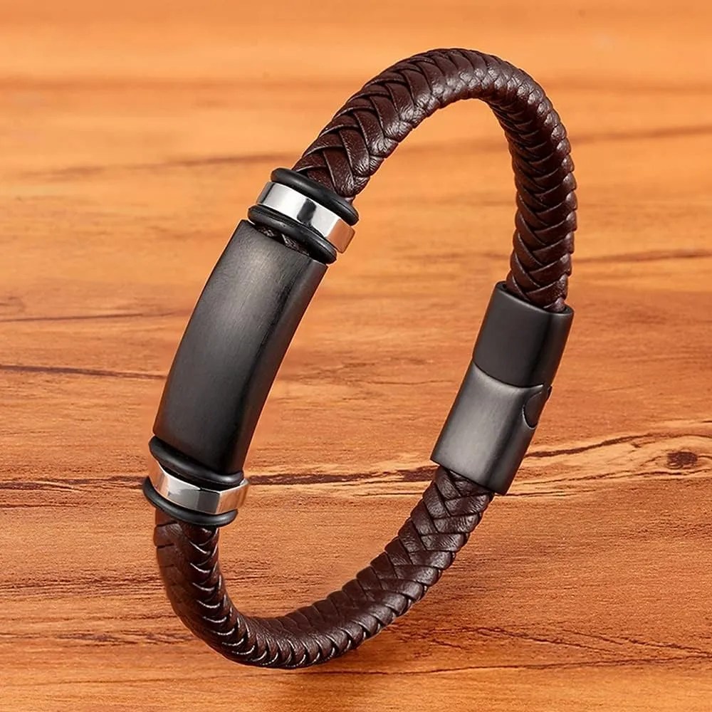 Stainless Steel Black Matte Metal Charm Men's Handmade Braided Real Leather Boyfriend Bracelet with Clasp (Black-19cm)