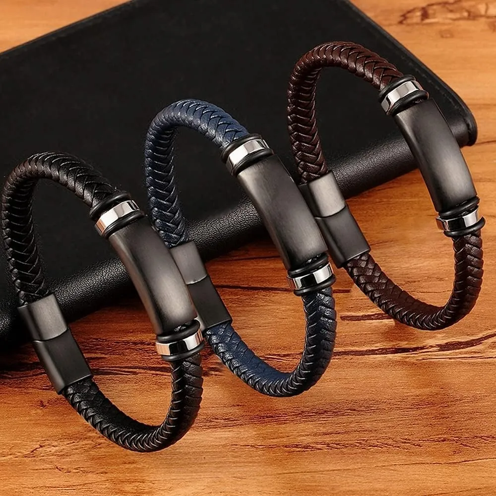 Stainless Steel Black Matte Metal Charm Men's Handmade Braided Real Leather Boyfriend Bracelet with Clasp (Black-19cm)