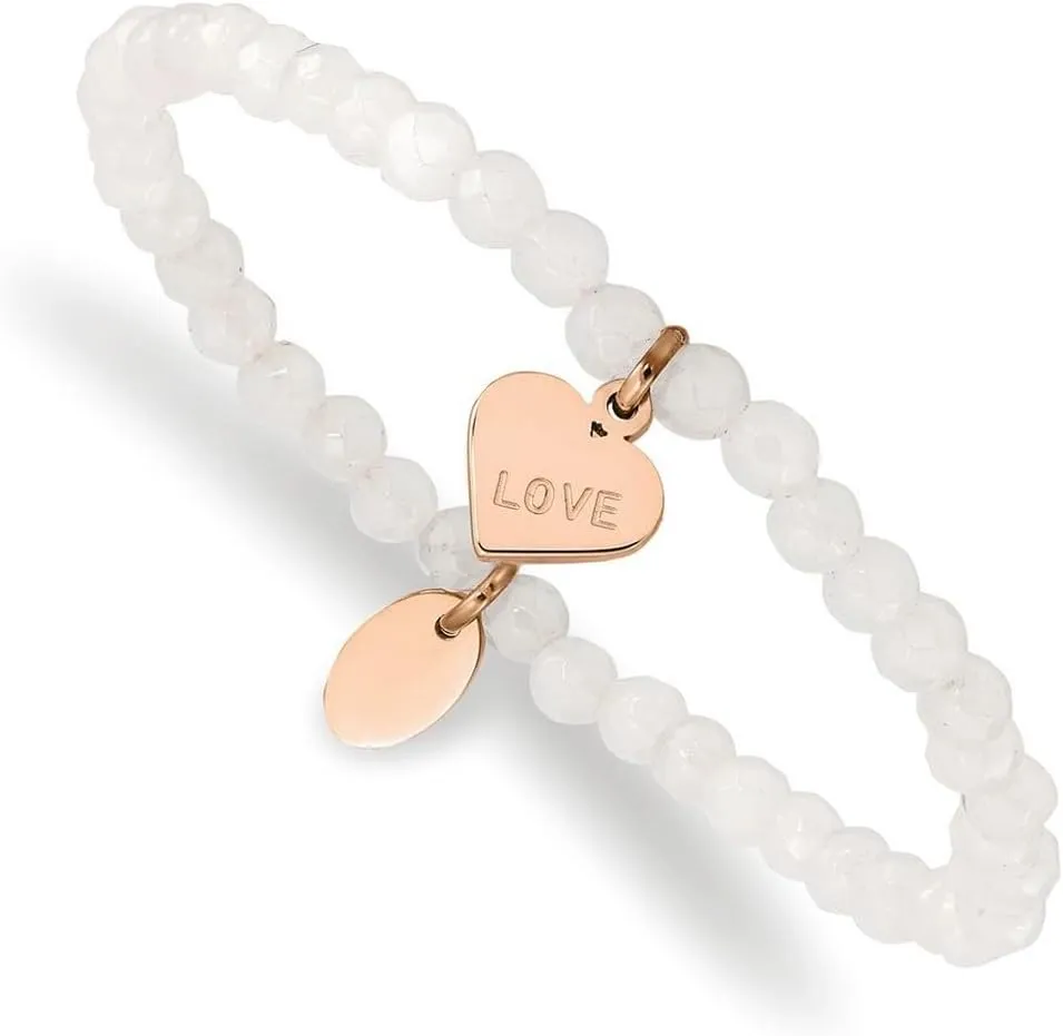 Stainless Steel Polished Rose Ip Plated Love Heart 4mm Dyed Jade Beaded Stretch Bracelet-Stretch-Bracelet for Women
