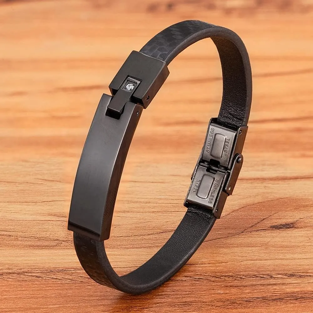 Stainless Steel Simple Design Mens Leather Bracelets Woven Pattern Bangles Jewelry Gifts SZ26P (Gold-21cm)