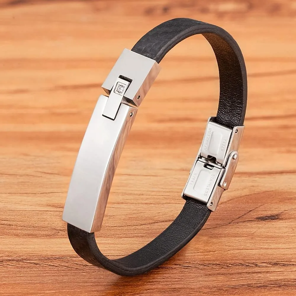 Stainless Steel Simple Design Mens Leather Bracelets Woven Pattern Bangles Jewelry Gifts SZ26P (Gold-21cm)
