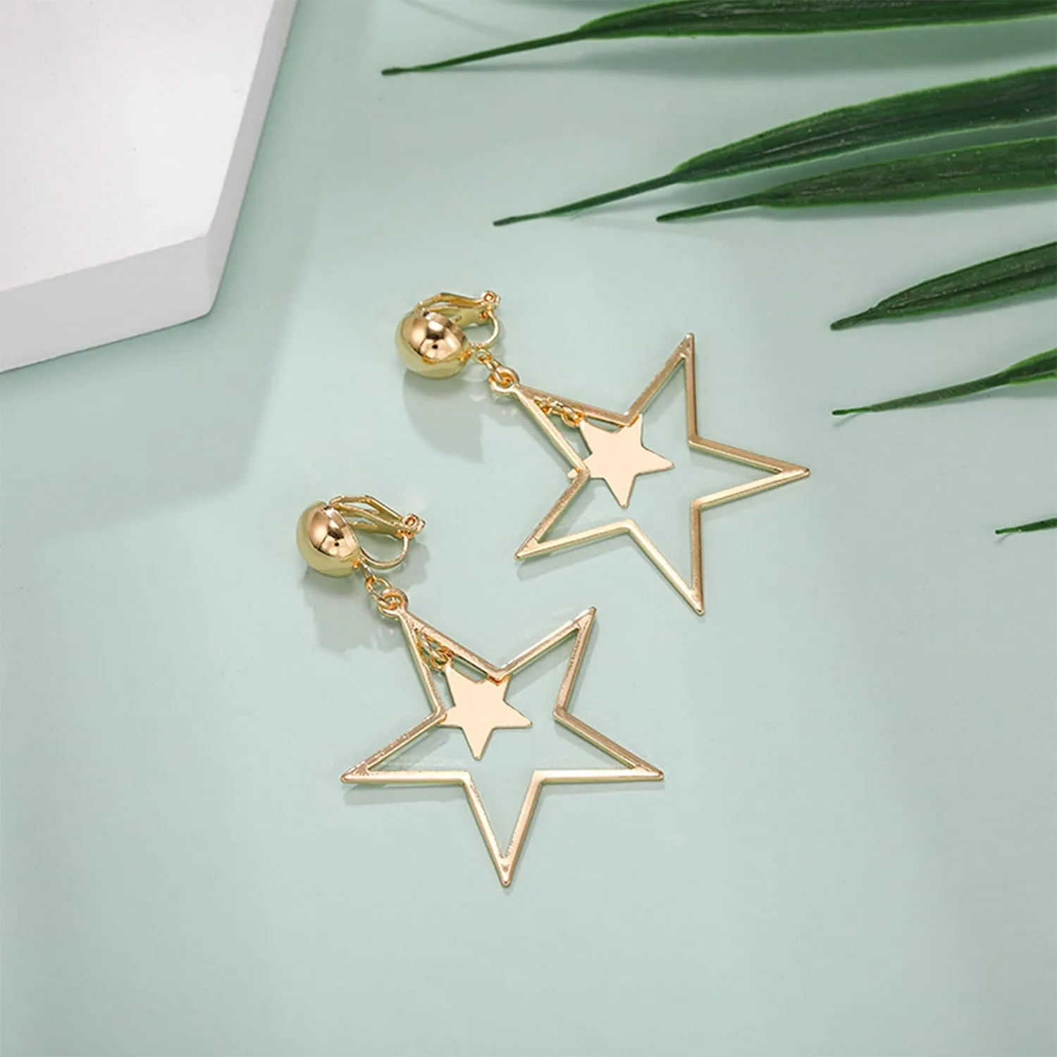 Star Clip on Earrings Gold Silver Black Clip on Star Earrings Dangle Non Piercing Ear Clip Double Star Earrings for Women Gifts Trendy Stuff
