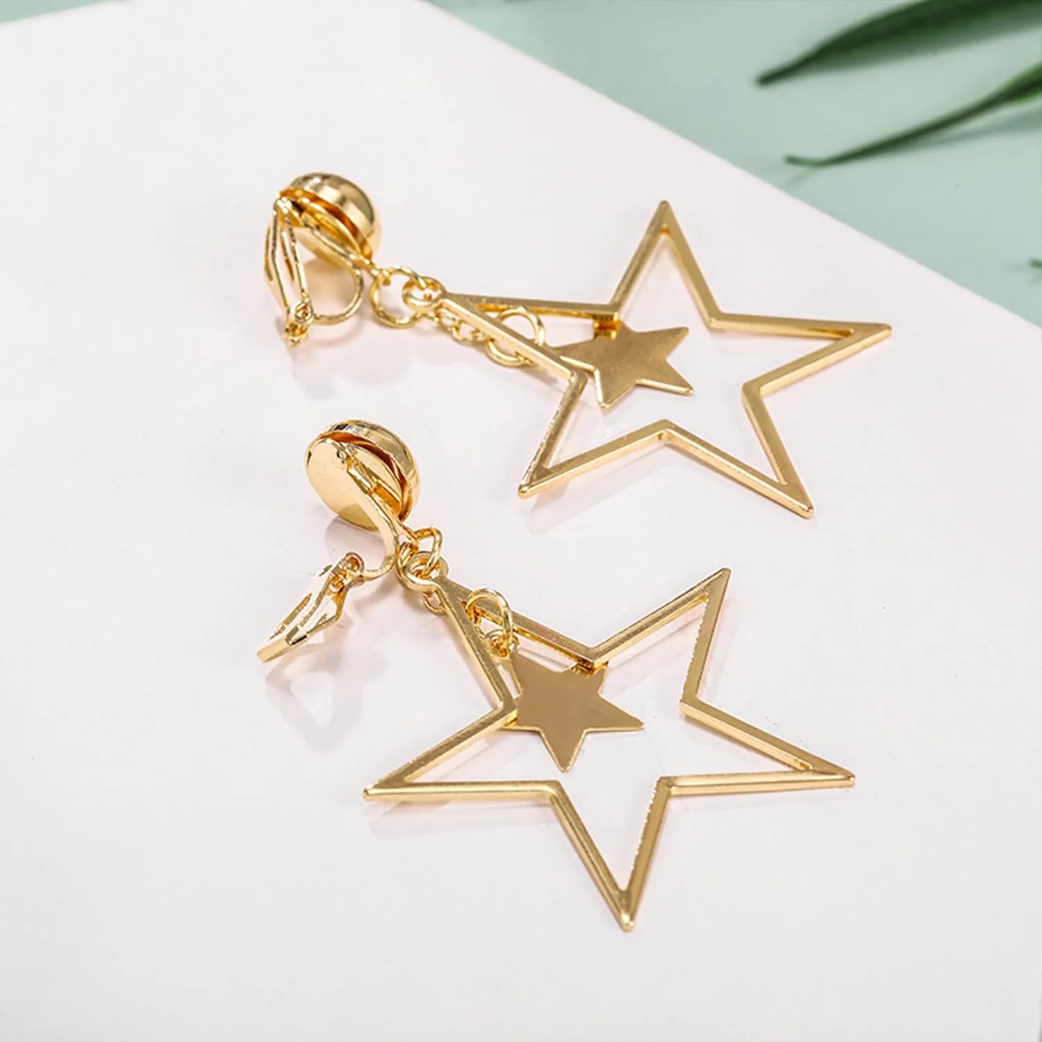 Star Clip on Earrings Gold Silver Black Clip on Star Earrings Dangle Non Piercing Ear Clip Double Star Earrings for Women Gifts Trendy Stuff