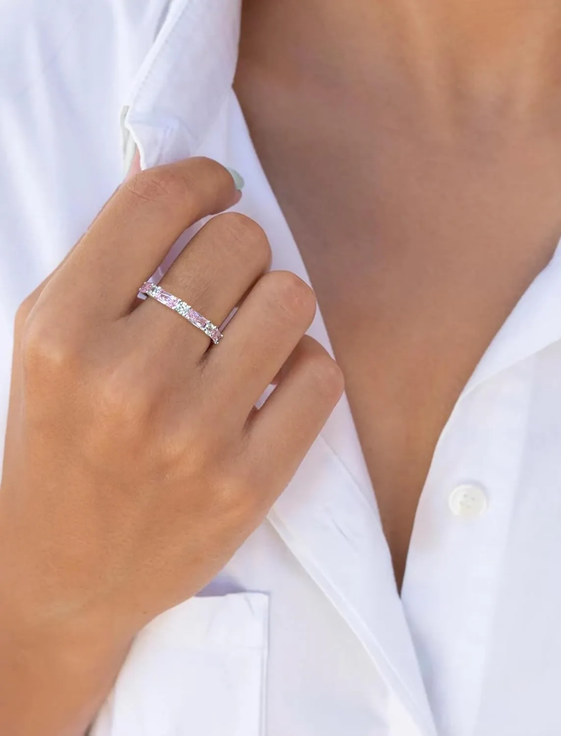 STARCHENIE Baguette Gemstone Rings for Her | 925 Sterling Silver Stackable Ring for Women | Eternity Ring Size 5-10