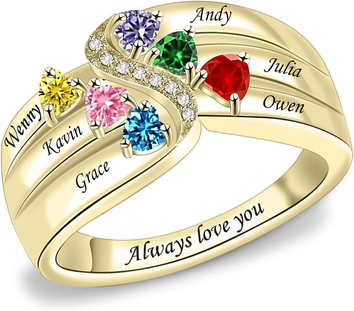 Sterling Silver Mothers Rings with 1-6 Birthstones Women Personalized Family Name Custom Rings for Mom Grandma Nana