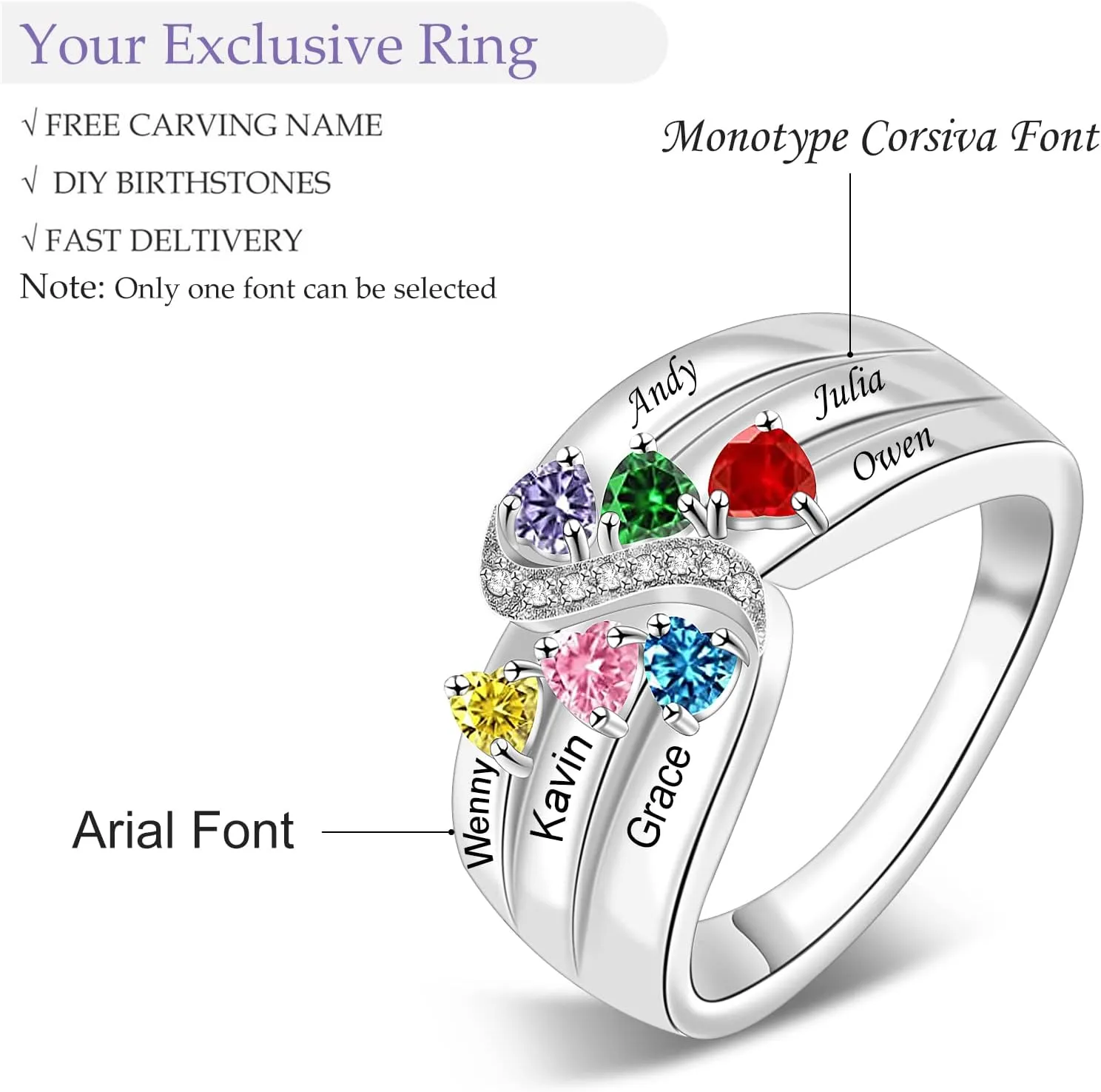 Sterling Silver Mothers Rings with 1-6 Birthstones Women Personalized Family Name Custom Rings for Mom Grandma Nana