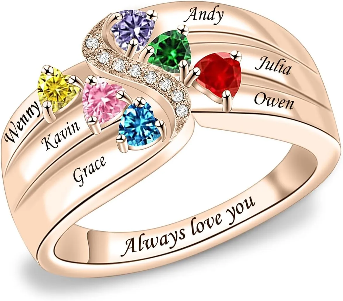 Sterling Silver Mothers Rings with 1-6 Birthstones Women Personalized Family Name Custom Rings for Mom Grandma Nana