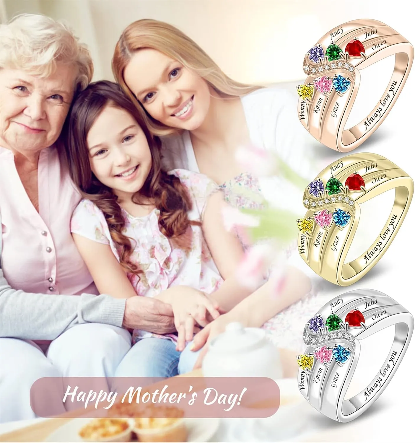 Sterling Silver Mothers Rings with 1-6 Birthstones Women Personalized Family Name Custom Rings for Mom Grandma Nana